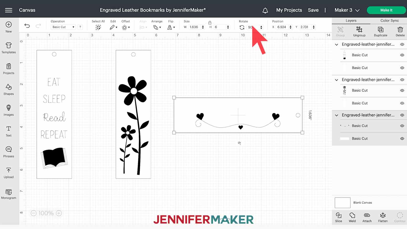 Cricut Design Space rotate menu to change text direction 90 degrees for personalized engraved bookmark