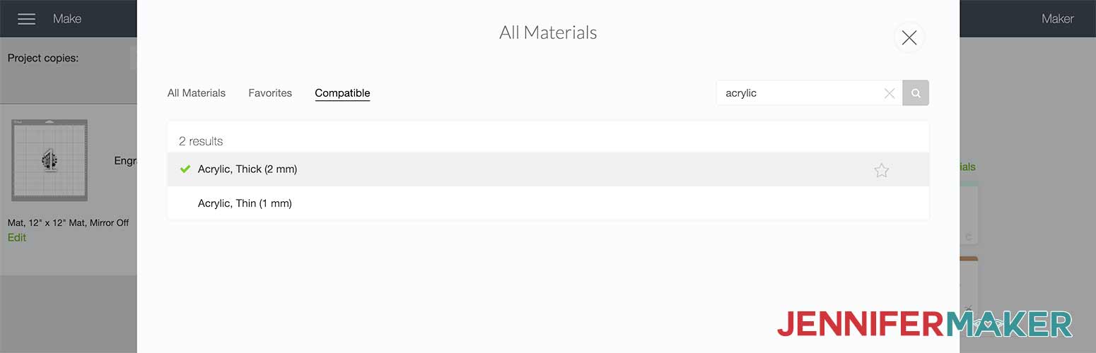 Select acrylic 2mm for the material to make my engraved ornaments