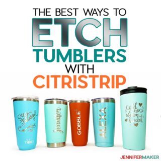 Colorful drink tumblers with designs for the JenniferMaker How to Etch Tumblers with Citristrip tutorial.