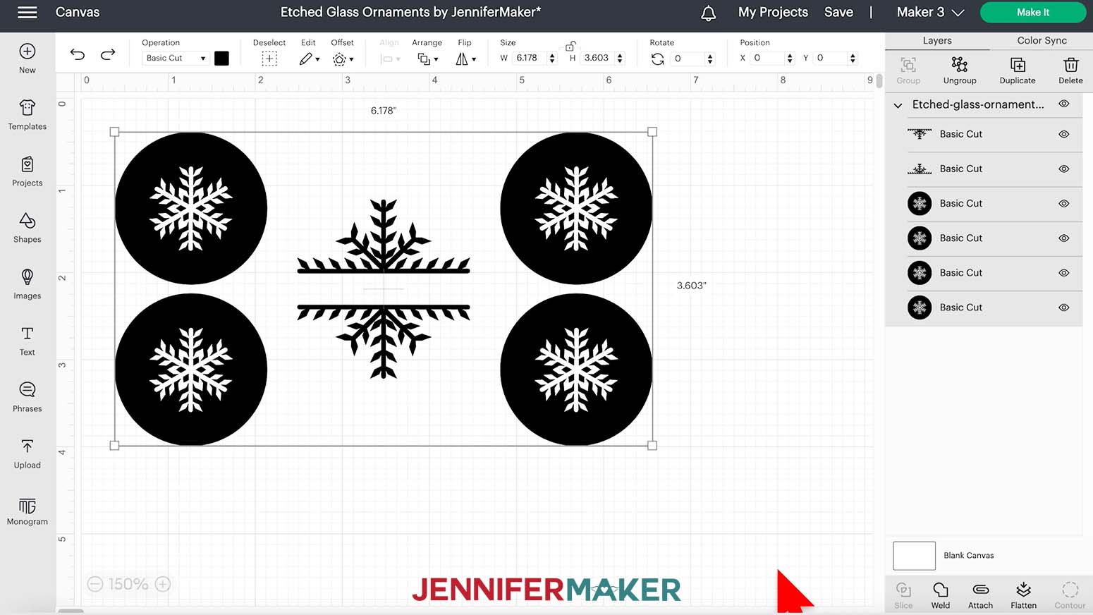 A screenshot of the Cricut Design Space canvas showing the etched glass ornament snowflake design at 6.178 inches wide by 3.603 inches tall