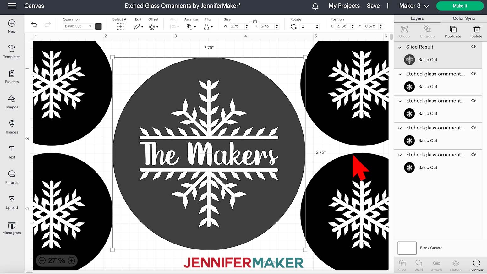 A screenshot of the Cricut Design Space canvas with the words The Makers added and positioned in the center of the large snowflake design. The large design is centered within a dark gray circle that is 2.75 inches wide and tall.