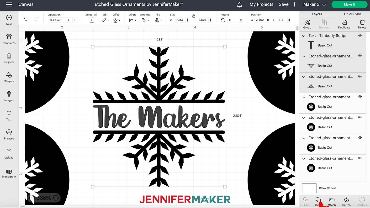 A screenshot of the Cricut Design Space canvas showing the words The Makers added to the center of the etched glass ornaments snowflake design. The three layers for the snowflake top, snowflake bottom, and text are selected in the layers panel.