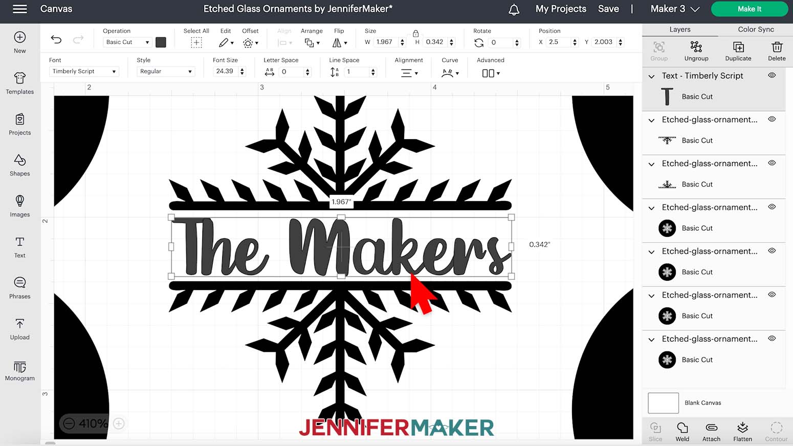 A screenshot of the etched glass ornaments snowflake design on the Cricut Design Space canvas. A textbox with The Makers in it is selected in the center of the design.