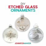 Three round etched glass ornaments with festive designs
