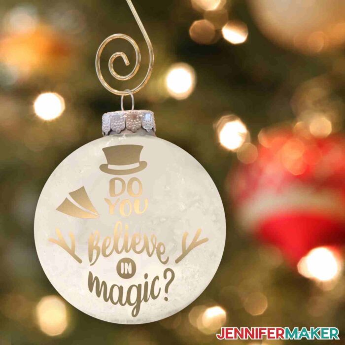 Etched glass ornament with "do you believe in magic?" design etching