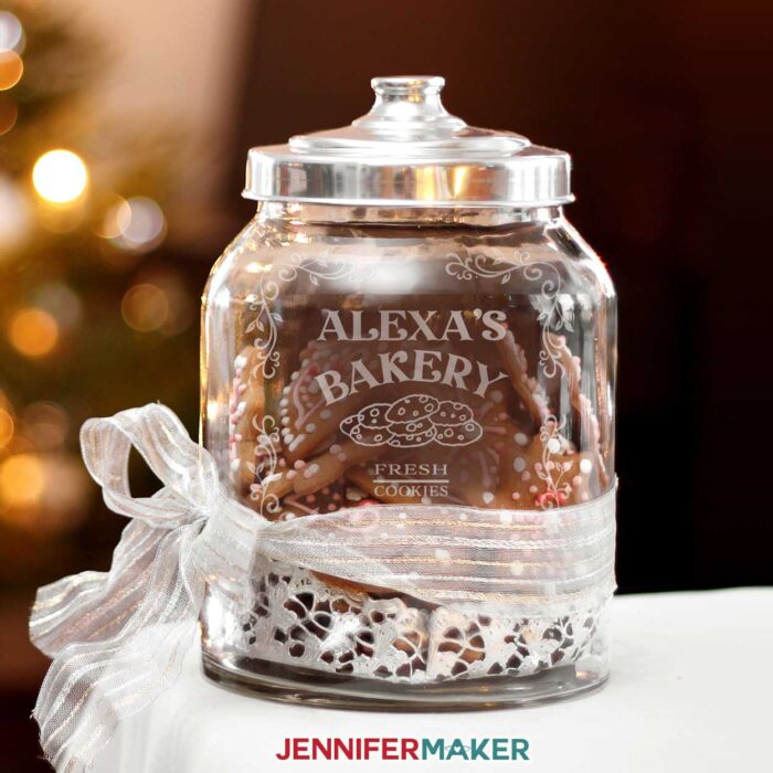 Pretty etched glass stencil for a cookie jar at Christmas