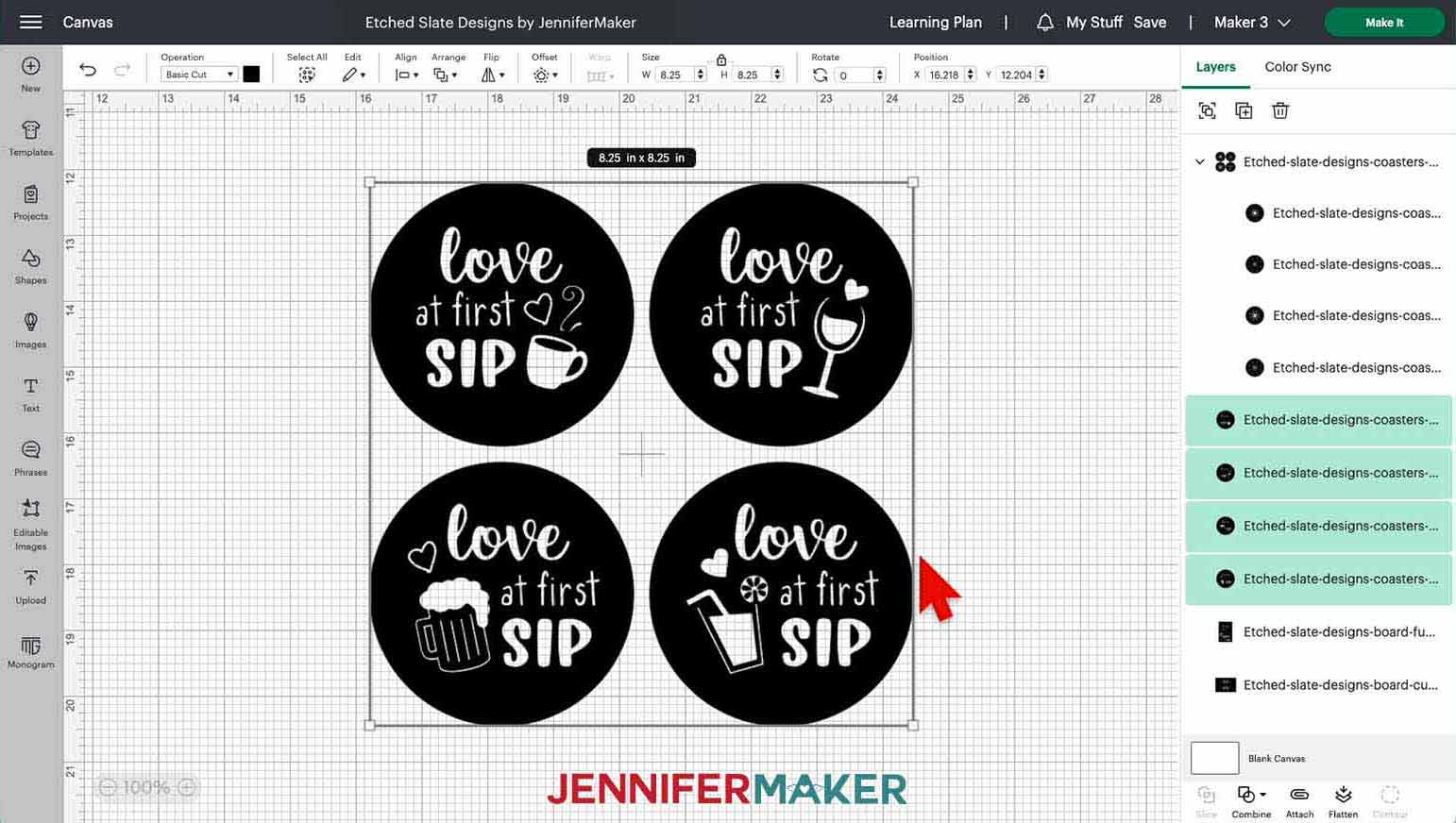 The fun "love at first sip" coaster designs for the Etched Slate project on the Cricut Design Space Canvas.