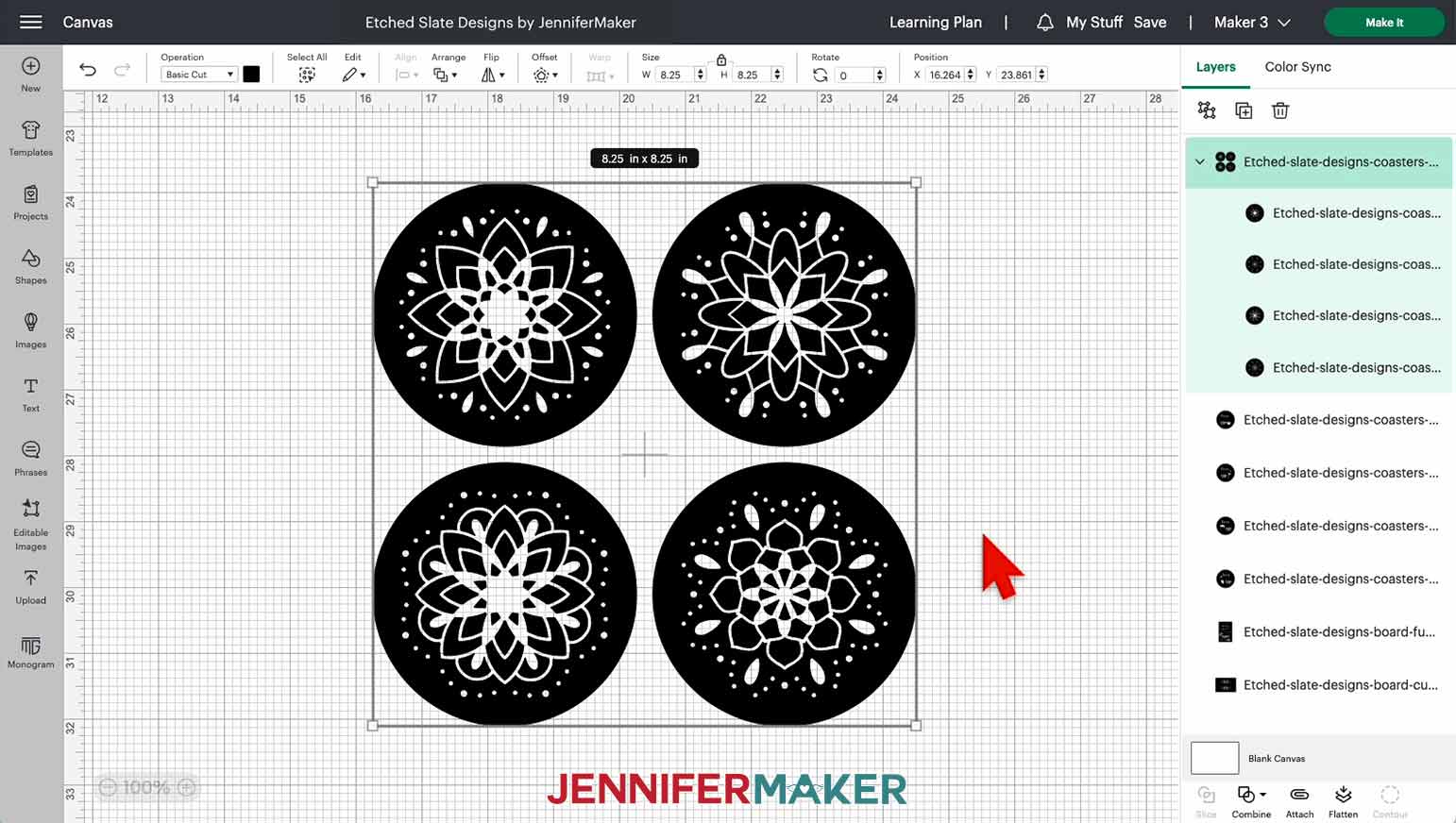 The mandala coaster designs for the Etched Slate project on the Cricut Design Space Canvas.