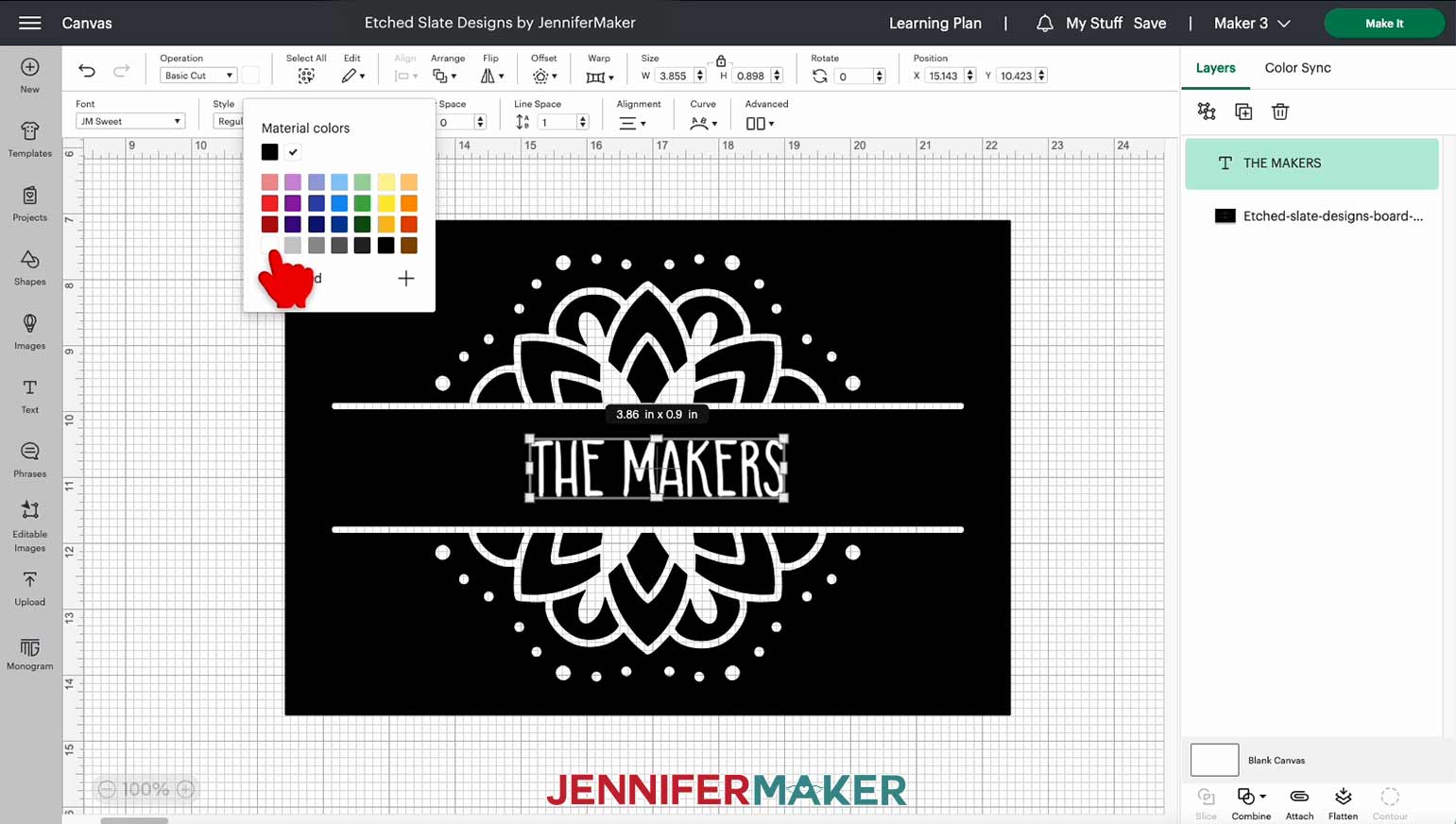 Use the Color Box in Cricut Design Space to change the color of your custom cheeseboard text to white.