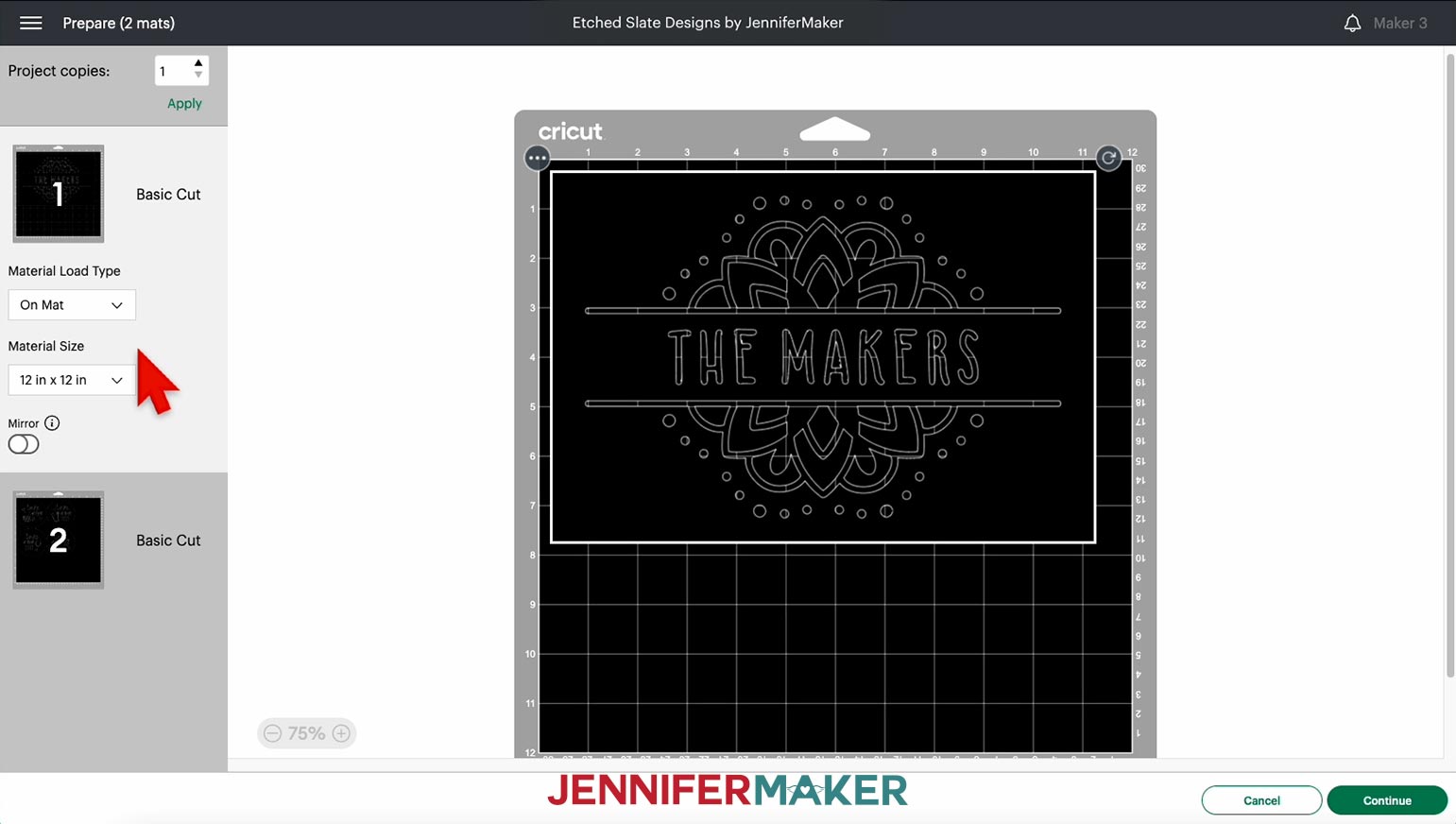 The Prepare screen in Cricut Design Space, showing an etched slate cheeseboard design on a black mat.