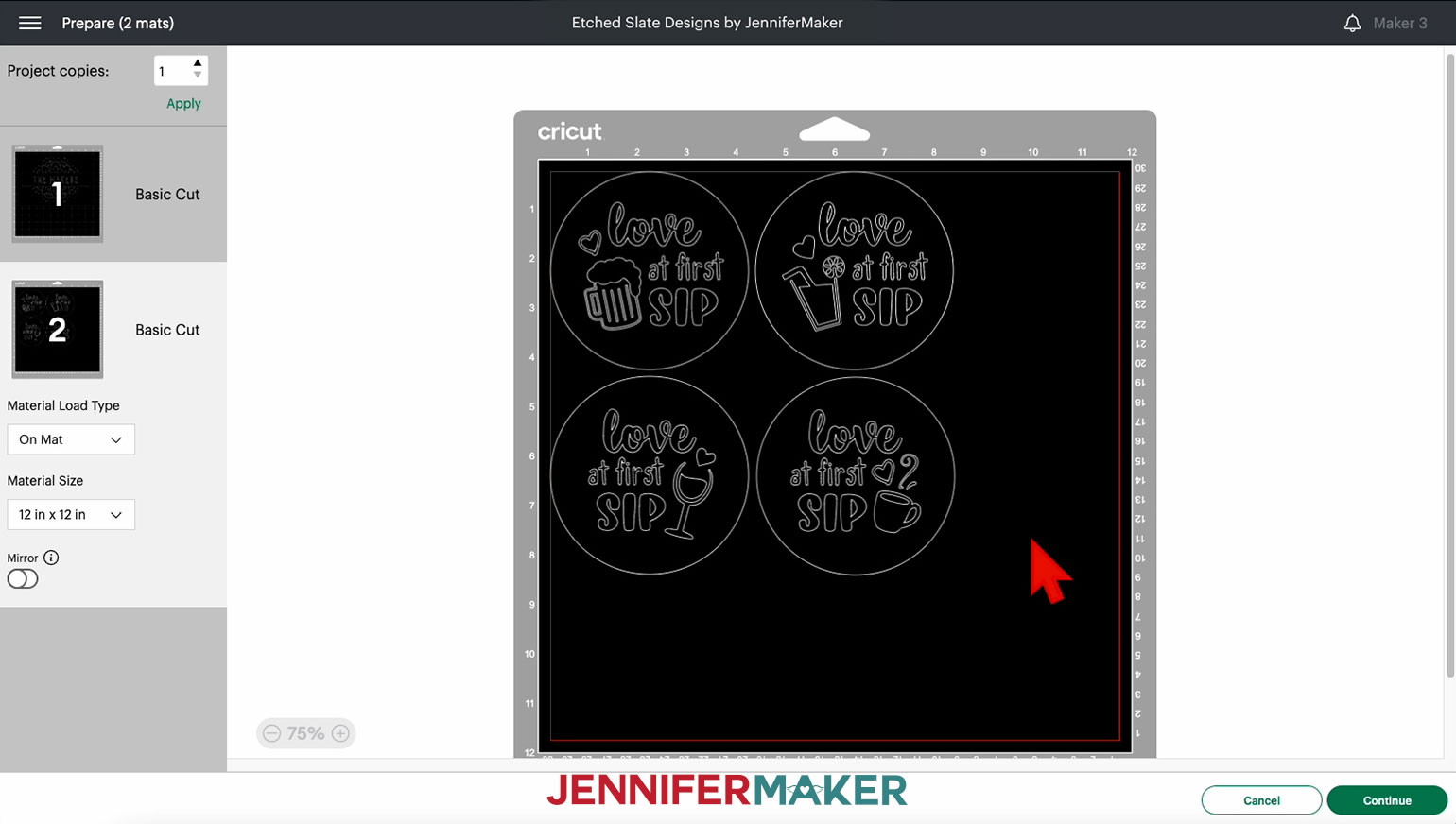 The Prepare screen in Cricut Design Space, showing four etched slate coaster designs on a black mat.
