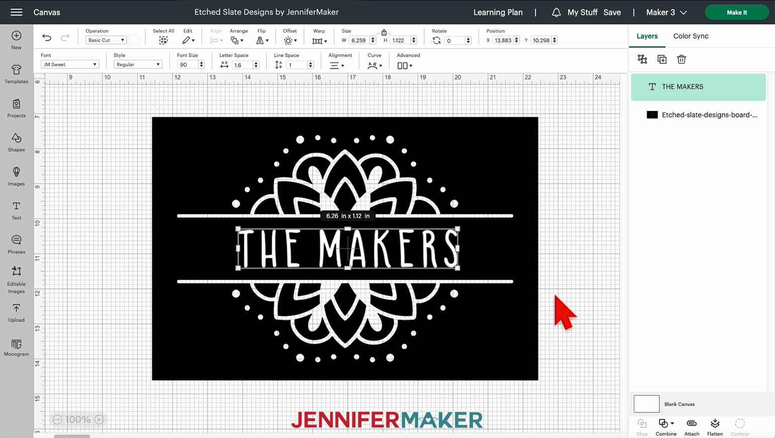 Resize the custom text in Cricut Design Space so it fits within the center of the etched slate cheeseboard design.
