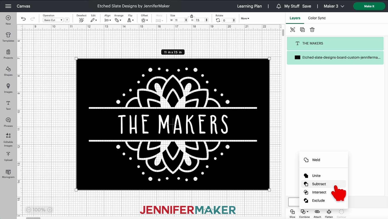 Use the Combine menu in Cricut Design Space to select Subtract in order to remove the custom text from the cheeseboard design for the Etched Slate project.