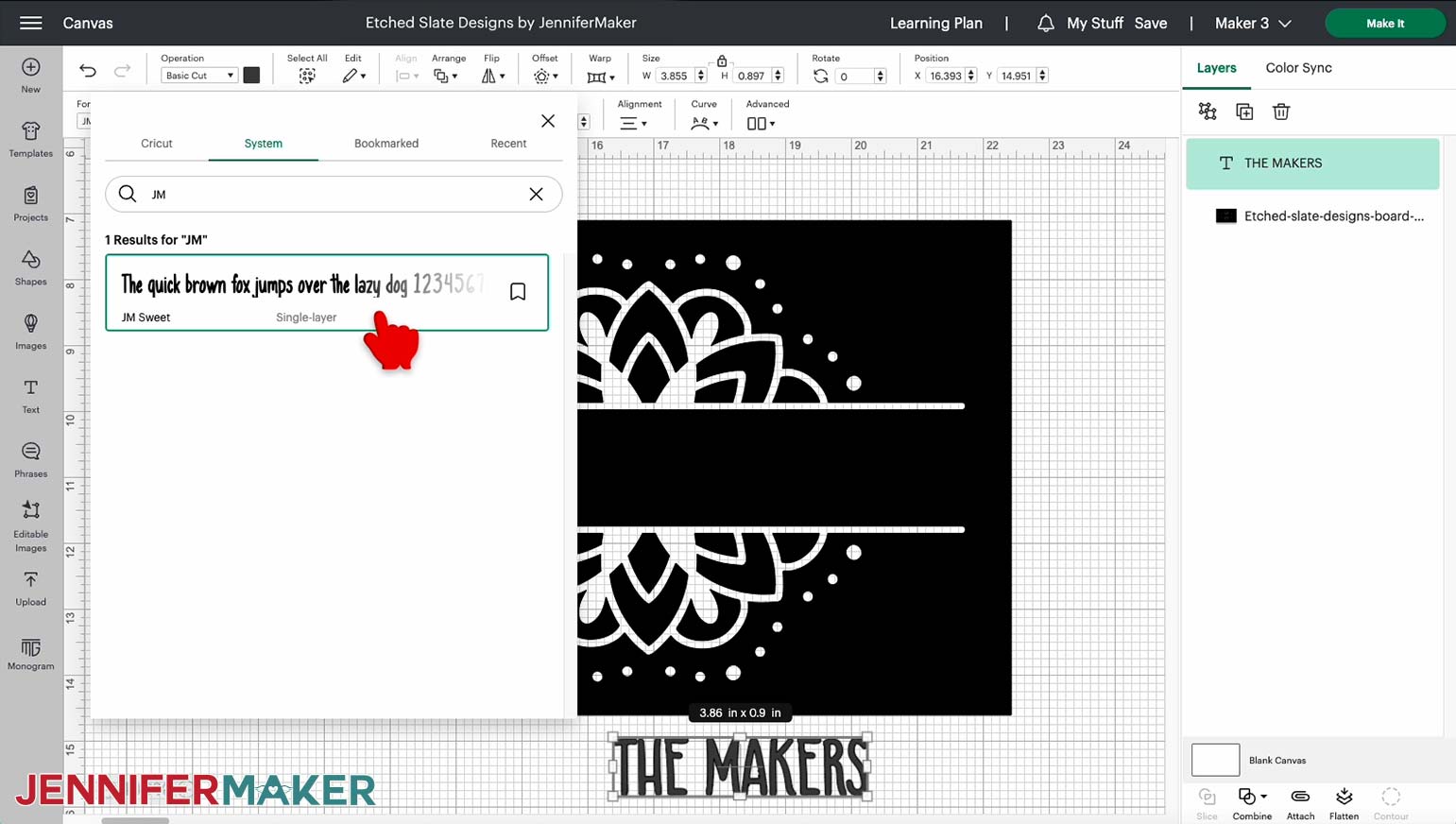 The font menu in Cricut Design Space, showing the font JM Sweet selected from the System tab.