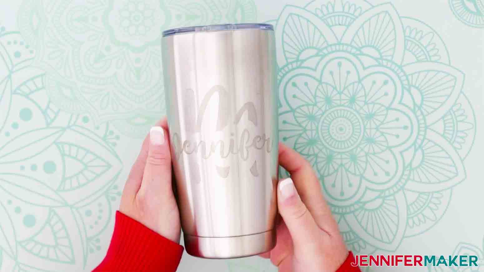 etched stainless steel tumbler personalized with the last name initial M and the name Jennifer