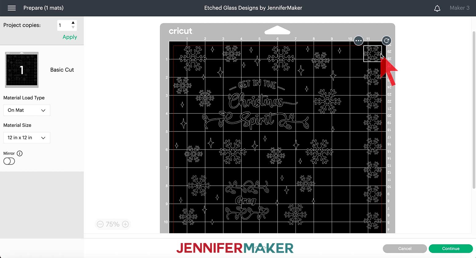 Move the bottle design, glass design, and additional snowflakes on your mat apart from each other in Design Space before cutting your etched wine glasses and bottles designs