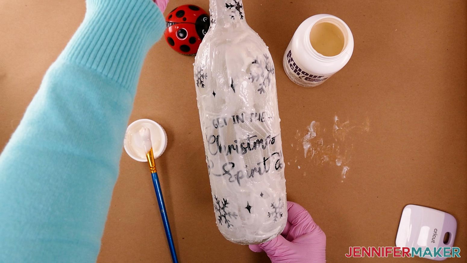 Cover your entire bottle with enough etching cream that the clear glass can no longer be seen