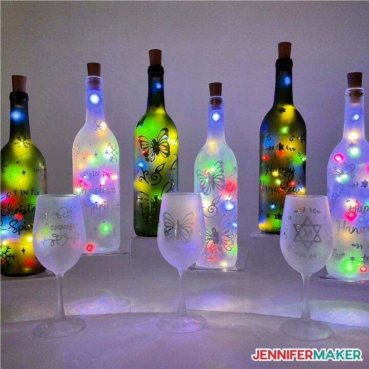 Etched wine glasses and bottles with lights from a JenniferMaker tutorial.