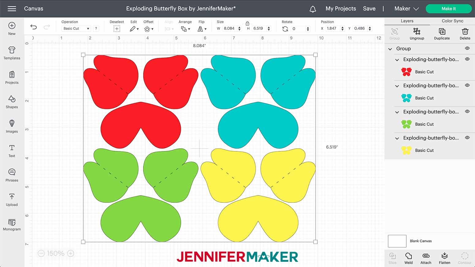 A screenshot of the Cricut Design Space canvas showing the design for the magic butterflies for the exploding butterfly box project. The width is 8.084 inches and the height is 6.519 inches.