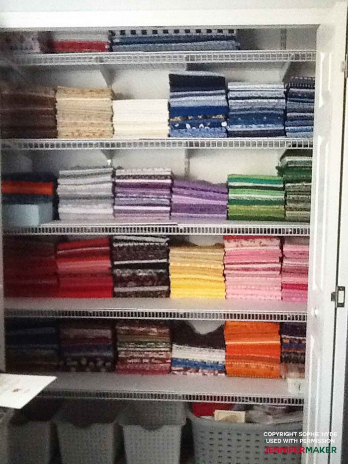 Fabric stored in a closet with shelves is an excellent fabric organization idea!