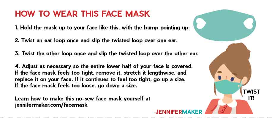 Printable instructions on how to wear the no-sew face mask