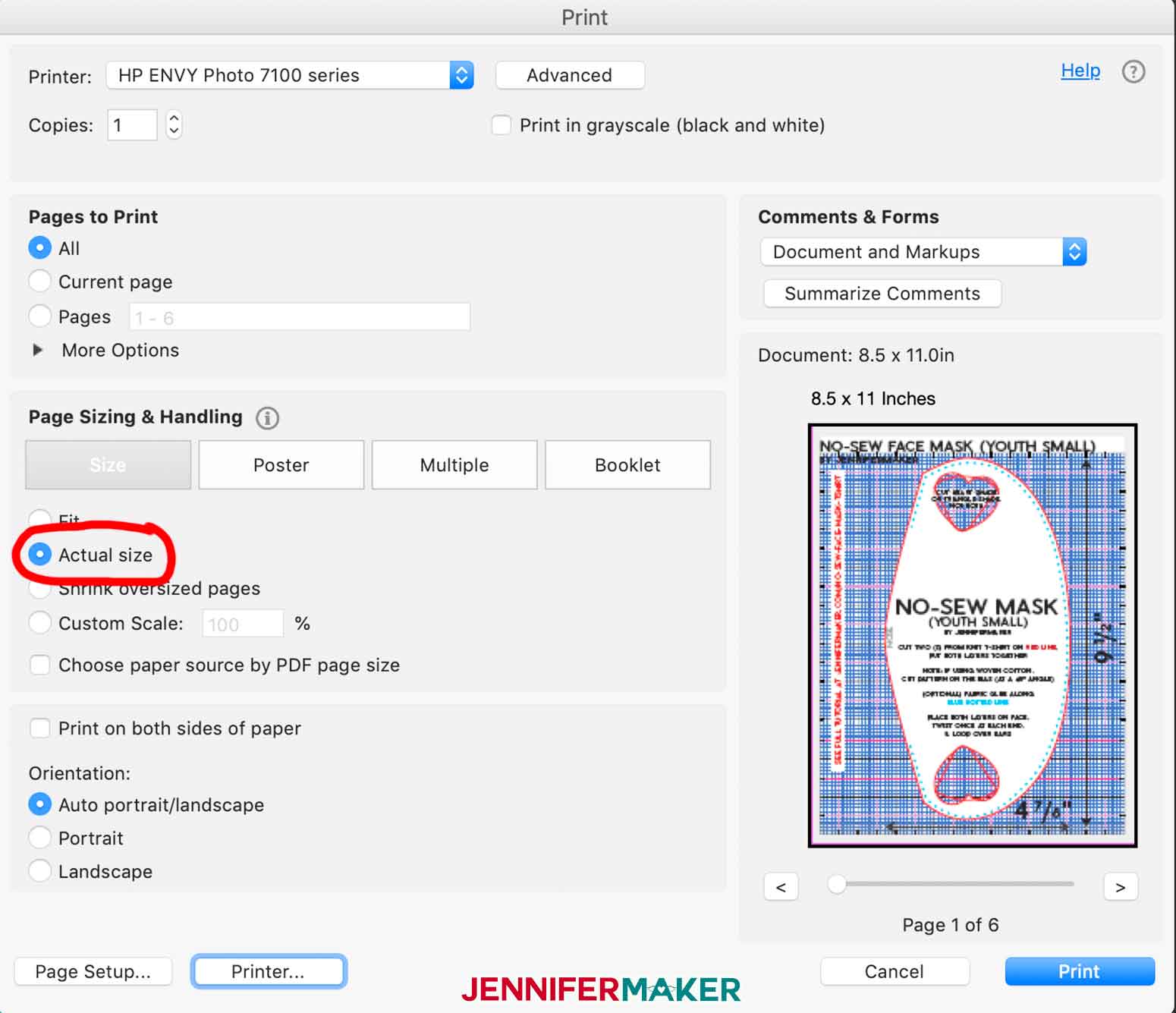 Print settings for printing the no-sew face mask pattern