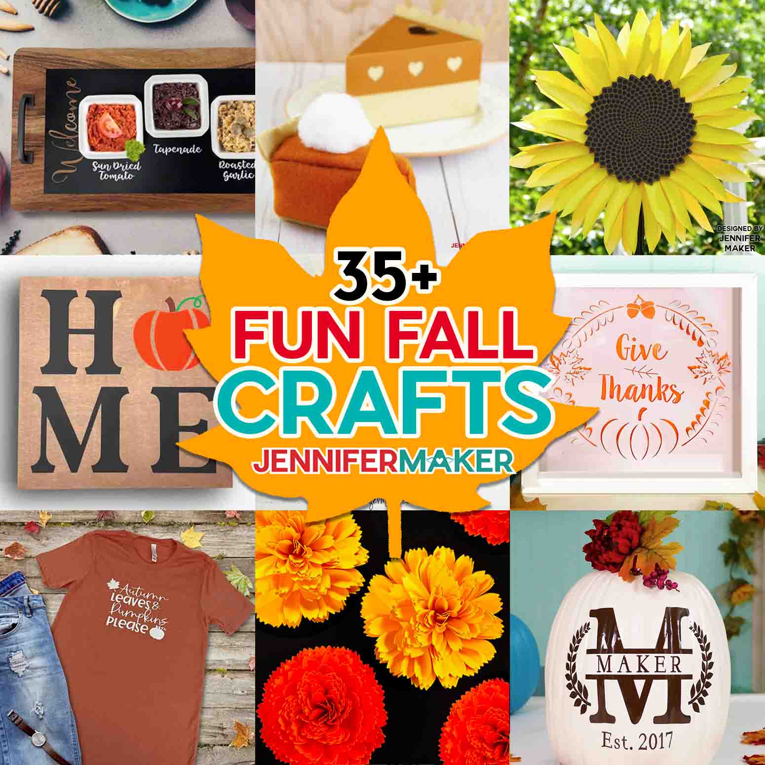 Collage of crafts with the words 35+ Fun Fall Crafts - JenniferMaker.