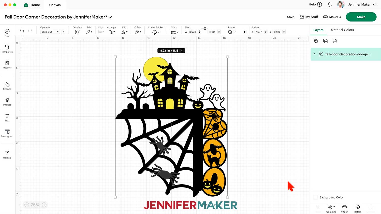 Boo Design for the Fall Door Corner Decoration on the Design Space Canvas measuring 8.93" x 11.18".