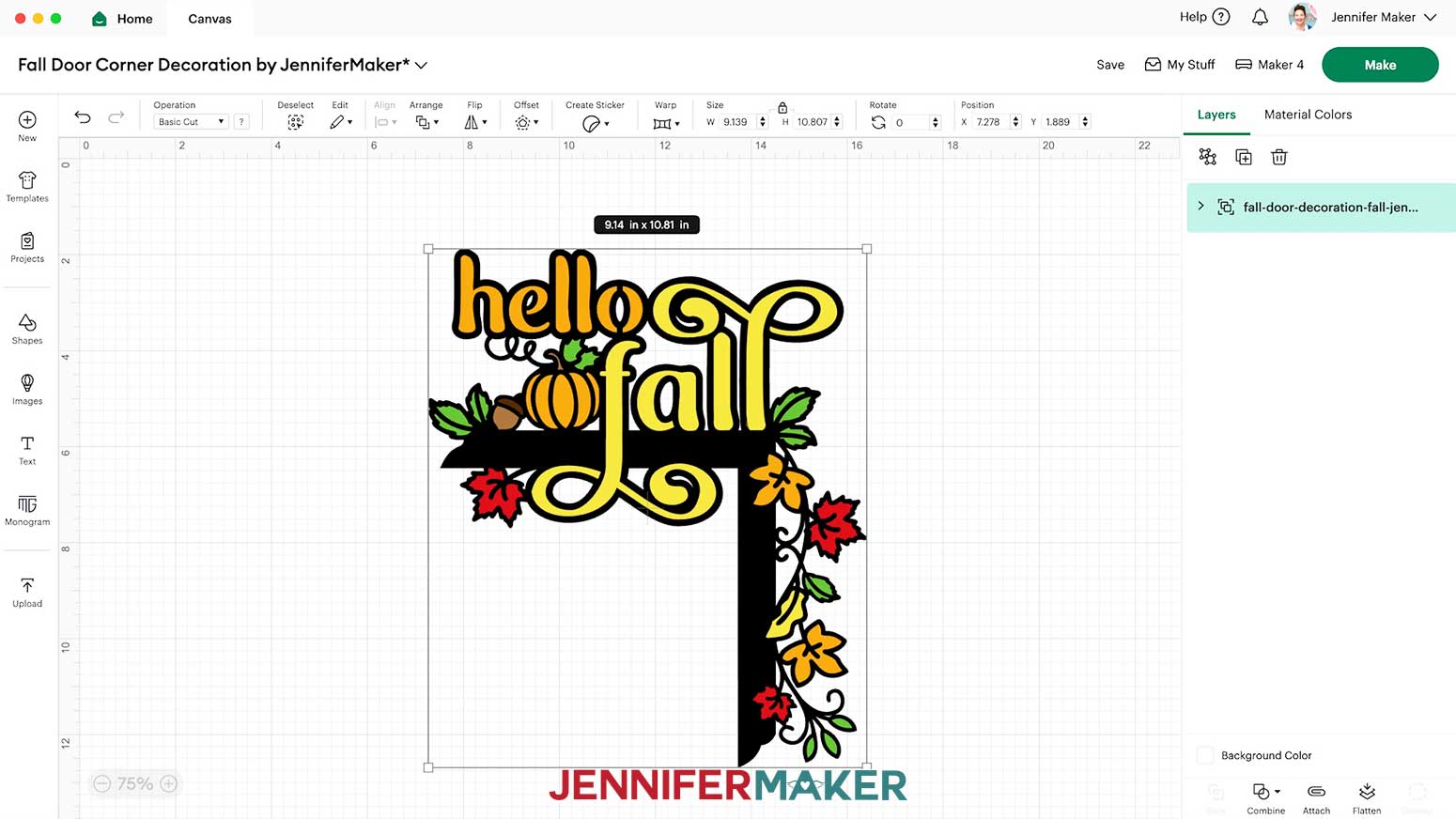 Fall Design for the Fall Door Corner Decoration on the Design Space Canvas measuring 9.14" x 10.81".