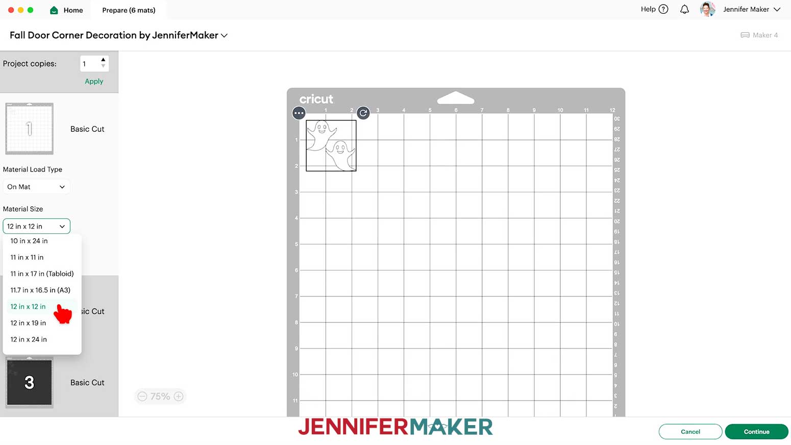 Set the material size to 12 in x 12 in for all of the mats.