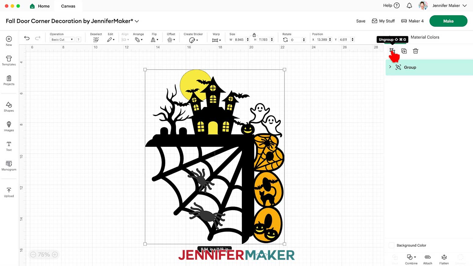 With the design selected, click on the Ungroup icon above the Layers panel.