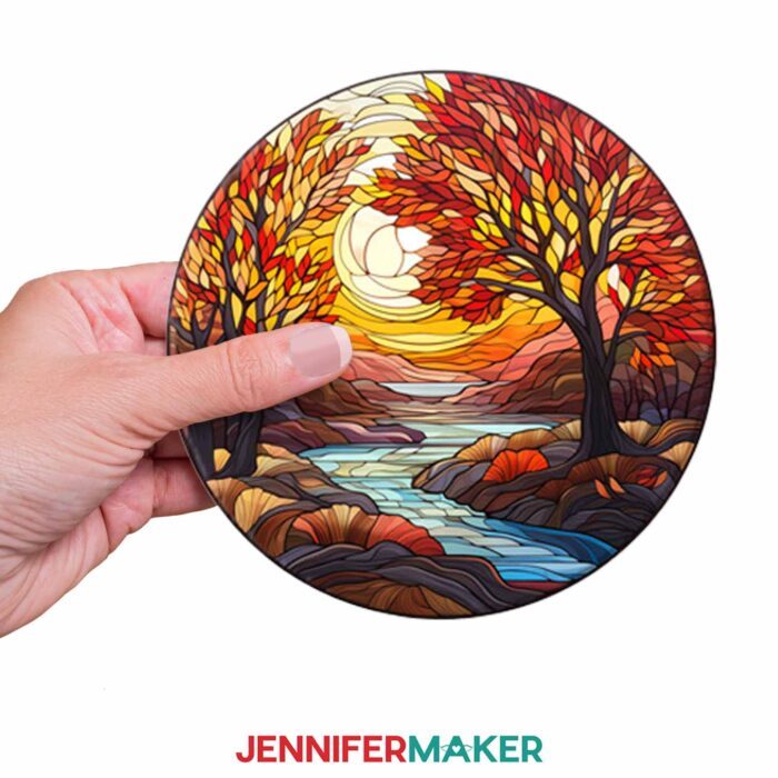 Fall sublimation coaster with stained glass style autumn scene.