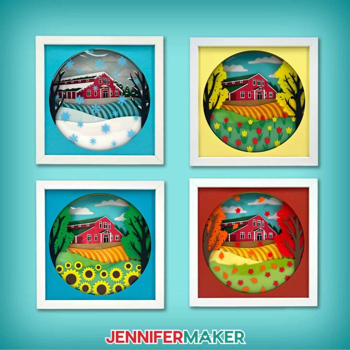 Four finished shadow boxes with floating pieces: one winter, one spring, one summer, and one fall design