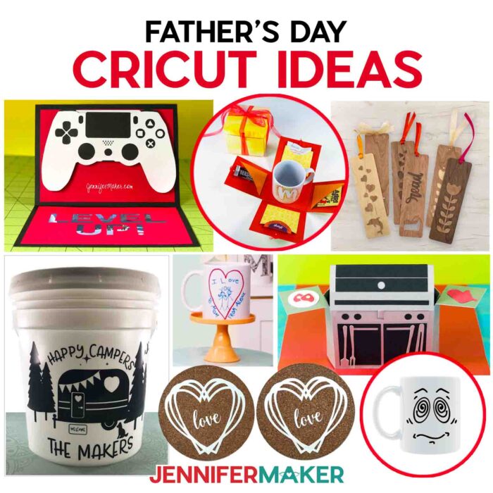 Cricut gift projects for Father's Day, including a video game controller pop up card, a mug in a DIY box, wooden bookmarks, a camping bucket lantern, coasters, and a coffee mug with a funny vinyl face.