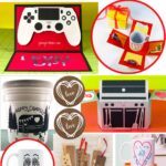 Pinterest link for Cricut gift projects for Father's Day, including a video game controller pop up card, a mug in a DIY box, wooden bookmarks, a camping bucket lantern, coasters, and a coffee mugh with a funny vinyl face.