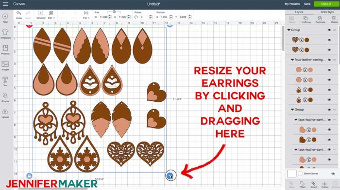 Resizing the earring designs in Cricut Design Space to make Faux Leather Earrings