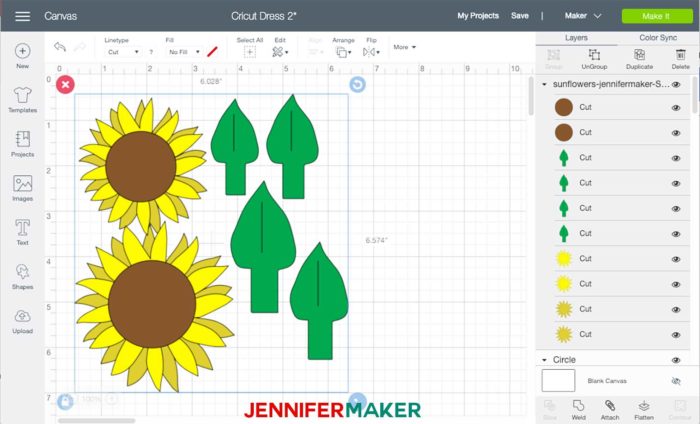 Felt Sunflower SVG cut file uploaded to Cricut Design Space