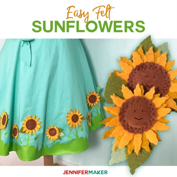 Felt Sunflowers made with the Cricut Wavy Blade to embellish a Cricut Dress | #cricut #felt #sunflower #cricutmaker