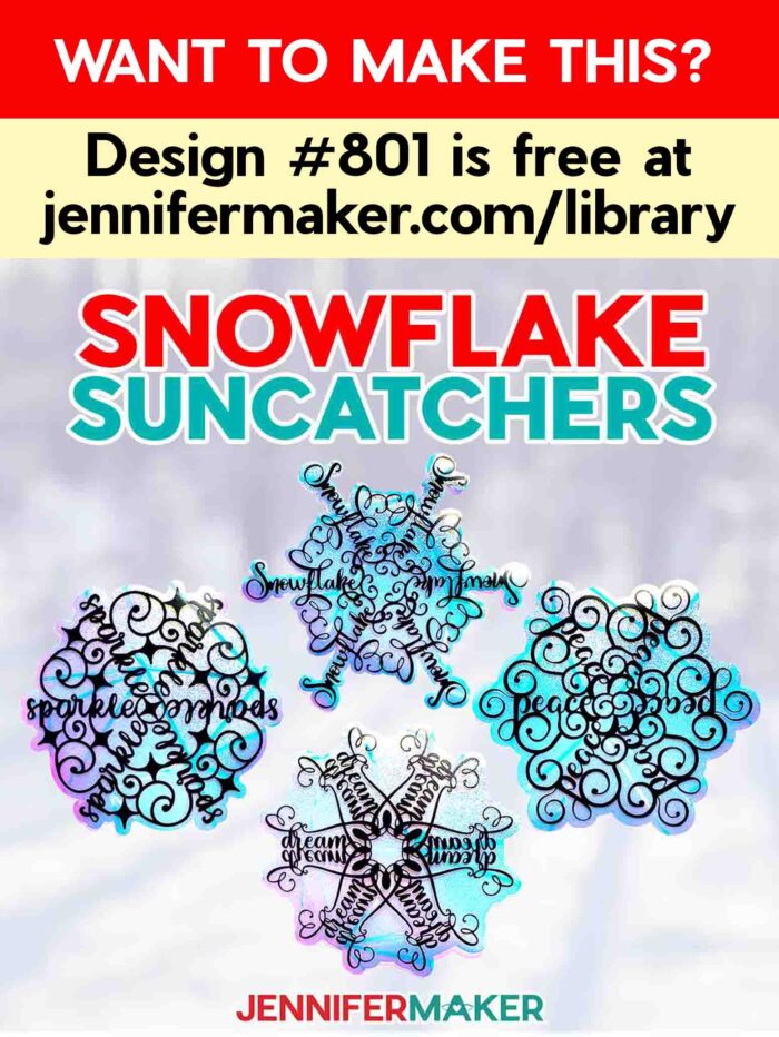 A window from inside the studio at Maker Farm look out onto a snowy landscape -- the windows are decorated with four snowflake-shaped window clings with stylized word art from the Festive Snowflake Designs tutorial. Want to make this? Design #801 is free at jennifermaker.com/801