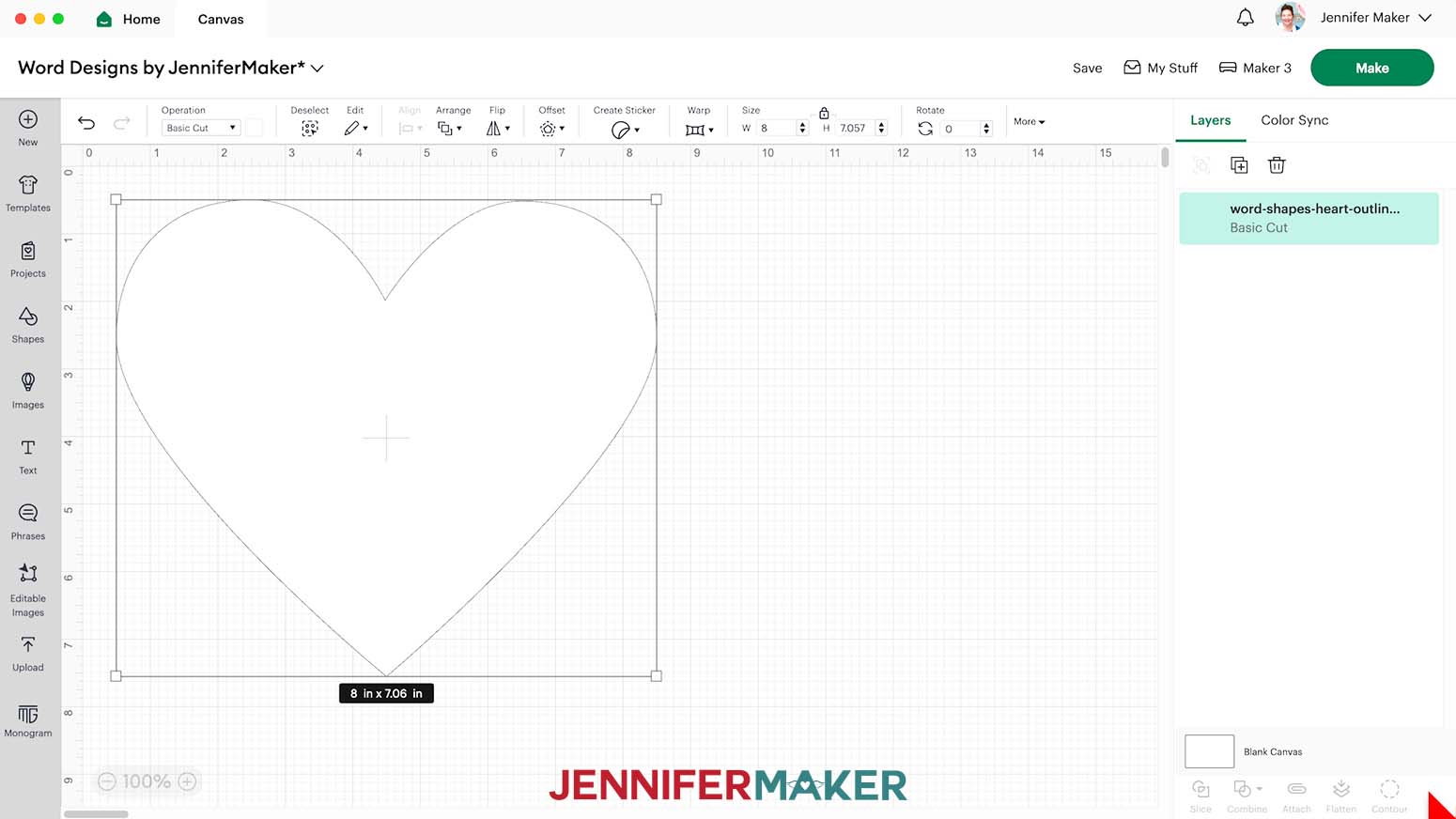 Fill Shapes blank heart svg uploaded to Cricut Design Space canvas showing dimensions.