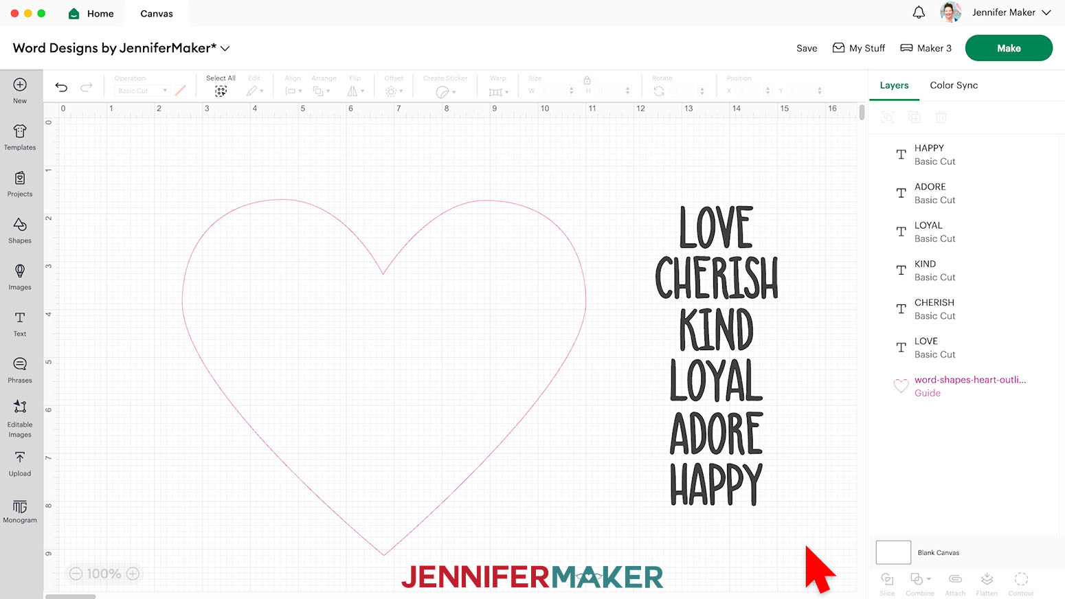 Arrange all of the main words for the design to the side of the heart shape on the Design Space canvas.
