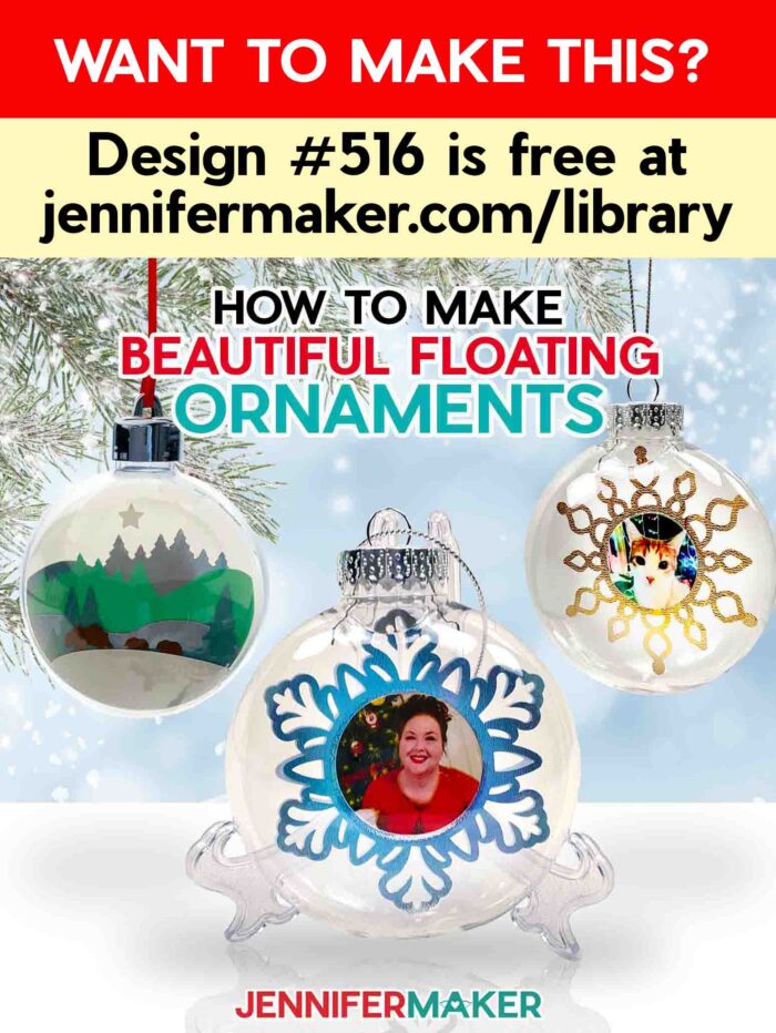 How to make a beautiful floating ornament! Plus, size your inserts perfectly with my floating ornament size chart. Three floating ornaments hang from a tree, two with snowflakes and photos of Jennifer and her cat, one with a layered cardstock scene of a mama bear with two babies walking through a snowy forest. Want to make this? Design #516 is free at jennifermaker.com/library.