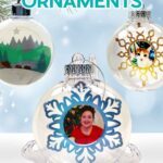 How to make a beautiful floating ornament! Plus, size your inserts perfectly with my floating ornament size chart. Three floating ornaments hang from a tree, two with snowflakes and photos of Jennifer and her cat, one with a layered cardstock scene of a mama bear with two babies walking through a snowy forest.