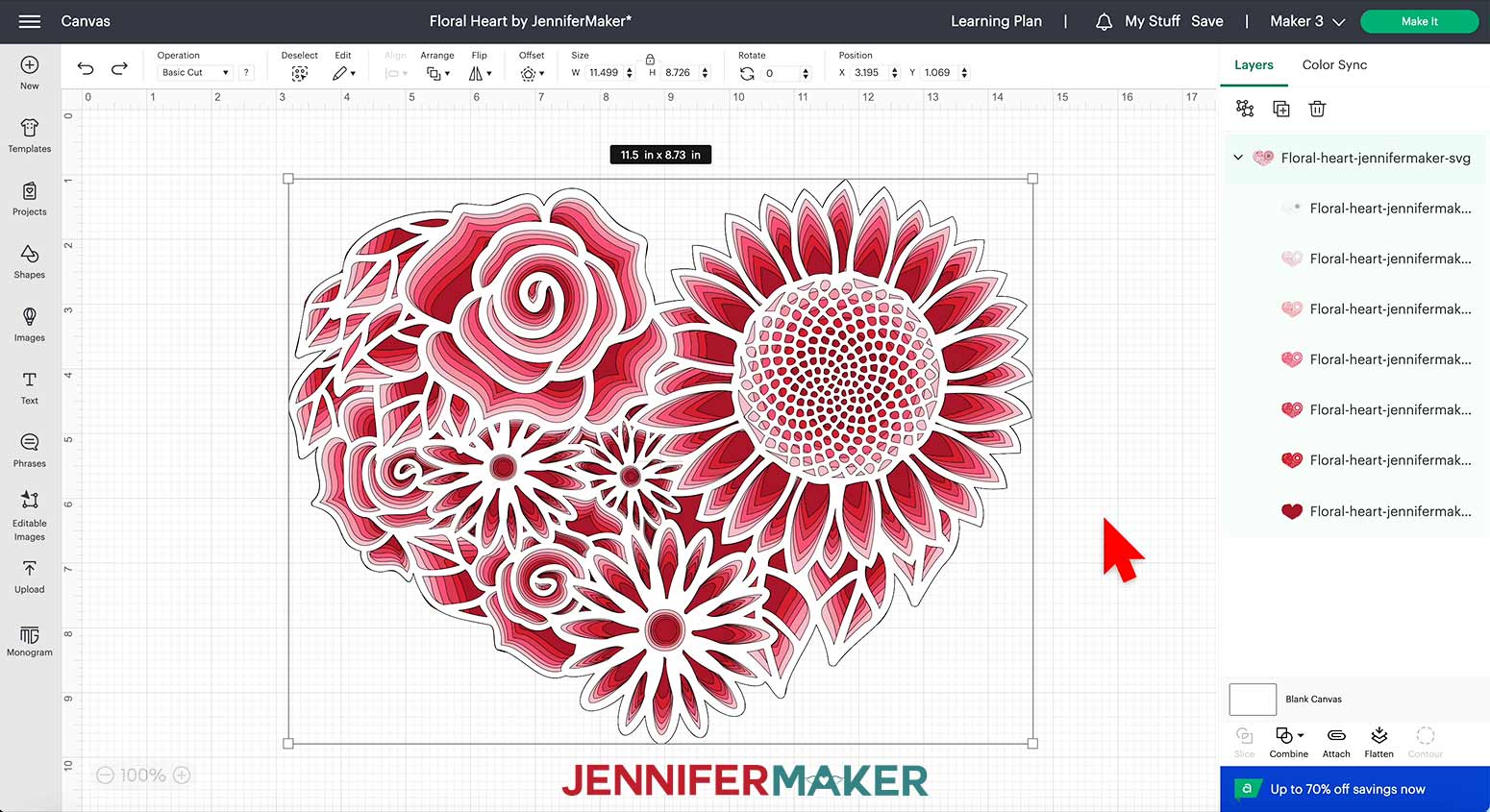 The size of the Floral Heart shows as eleven point five by eight point seven three inches when imported into design space.