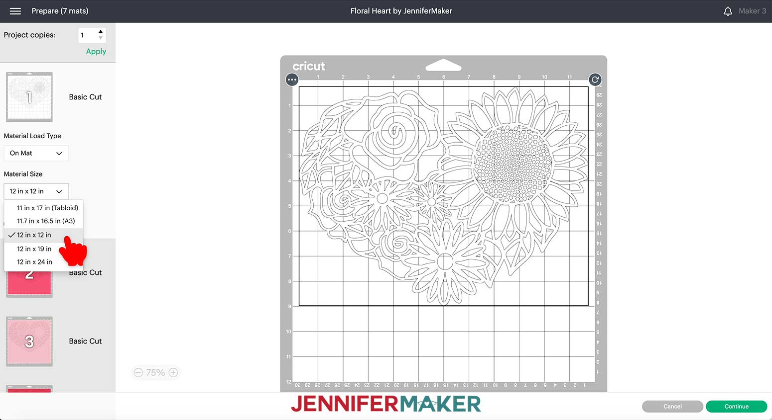 Make sure the material size is marked as twelve by twelve on the Prepare screen for each mat.