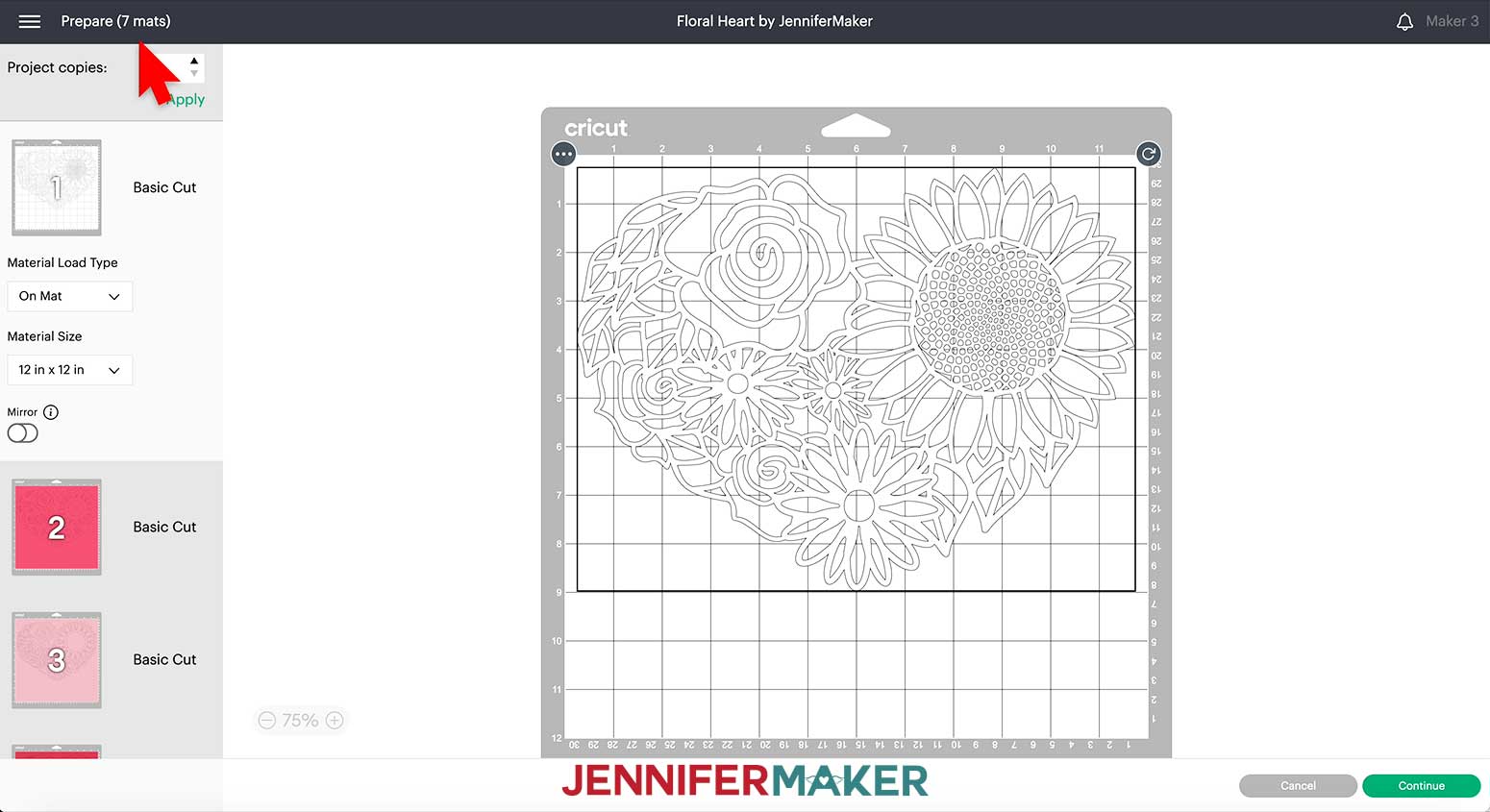 Verify seven mats show on the prepare screen for the Floral Heart.