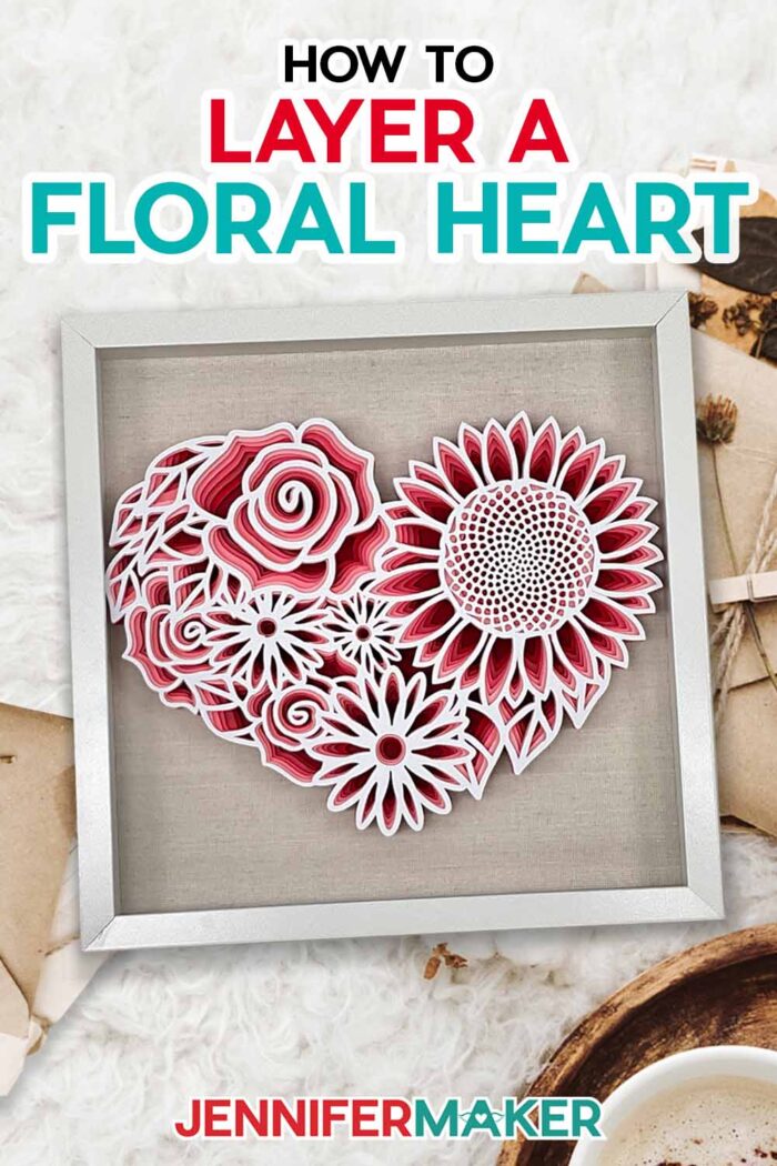 Pinterest link for layered cardstock project in shades of red and white made using a Cricut and a floral heart SVG.