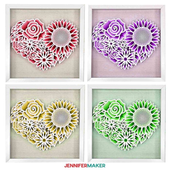 Four framed versions of the cut floral heart SVG project in pastel shades of reds, purples, yellows, and greens.