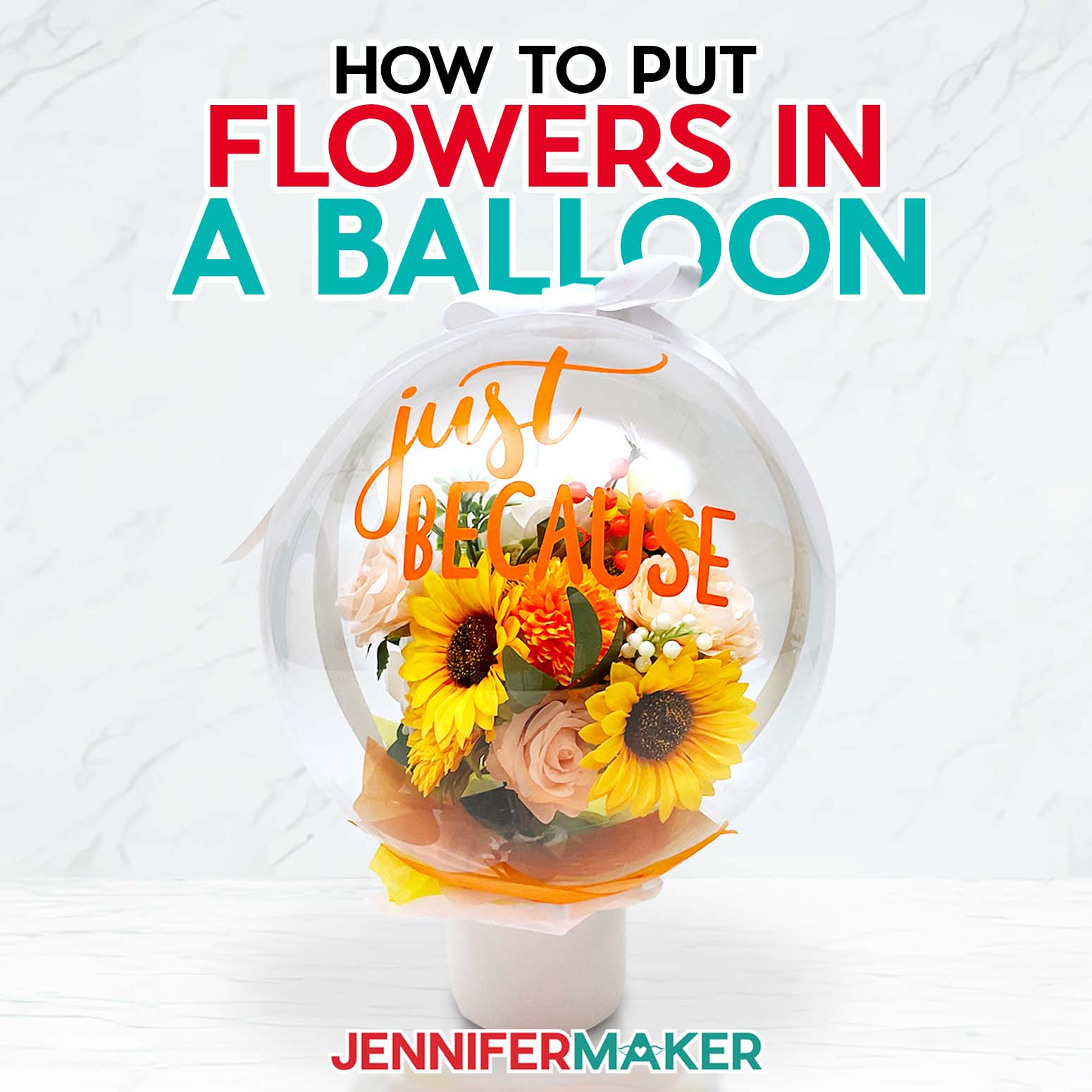 Sunflowers in a large balloon show you how to put flowers in a balloon with Jennifer Maker's new tutorial! Two balloons with flowers inside -- one a large tabletop version, and the other a small handheld version.