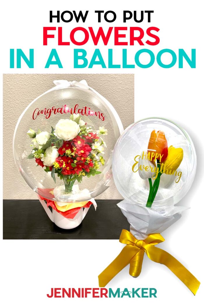 Learn how to put flowers in a balloon with Jennifer Maker's new tutorial! Two balloons with flowers inside -- one a large tabletop version, and the other a small handheld version.
